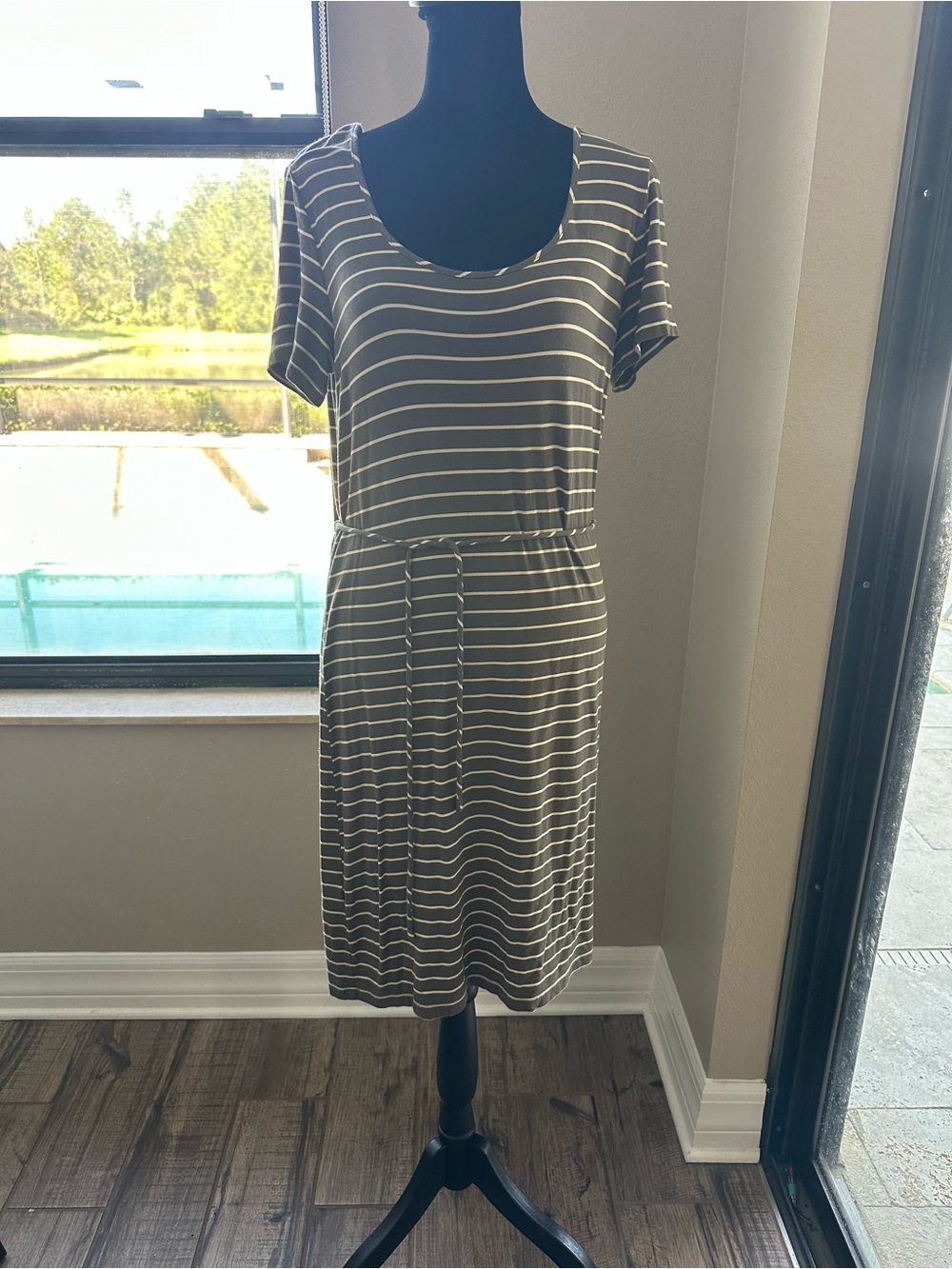 Calvin Klein Olive Green and White Striped Scoop-Neck Midi Dress